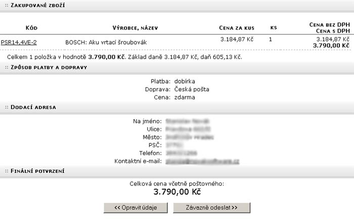 ukazka objednavky pred potvrzenim